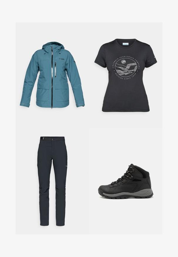 Giacca impermeabile teal con cappuccio, zip frontale, due tasche grandi e zip a contrasto. Presenta un design pulito e minimalista.; Maglietta nera Columbia con arte lineare bianca di una montagna circolare e un fiume, e il testo "Columbia Sportswear Company Outside Since 1938."; Pantaloni da uomo per attività all'aperto, grigio scuro, realizzati in materiale elastico, dotati di cintura, tasche con zip e cuciture rinforzate.; Stivale da trekking nero con design a metà altezza, dotato di una tomaia texturizzata, accenti grigi e suola in gomma resistente con tasselli per la trazione.