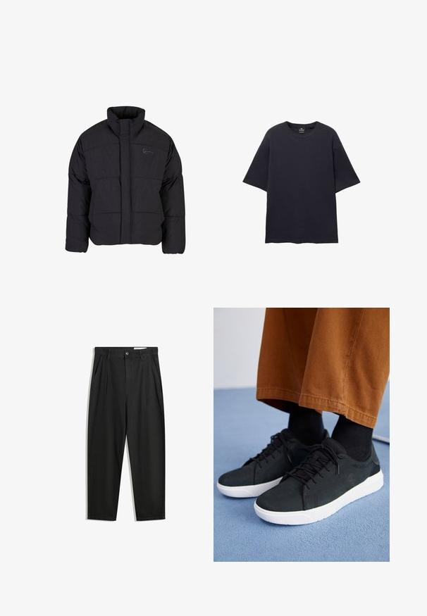 Geacă puffer neagră cu guler înalt, design matlasat și fermoar frontal. Prezintă un logo subtil pe piept, realizat dintr-un material texturat.; PULL&BEAR SHORT SLEEVE TEXTURED WEAVE - Tricou basic - dark blue; Pantaloni negri din bumbac cu croială lejeră, având un brâu clasic, plii frontale și buzunare laterale. Textură netedă fără modele.; Adidași negri din suede cu talpă din cauciuc albă, cu un design cu șireturi, accente texturate și branding subtil, asortați cu pantaloni maro.