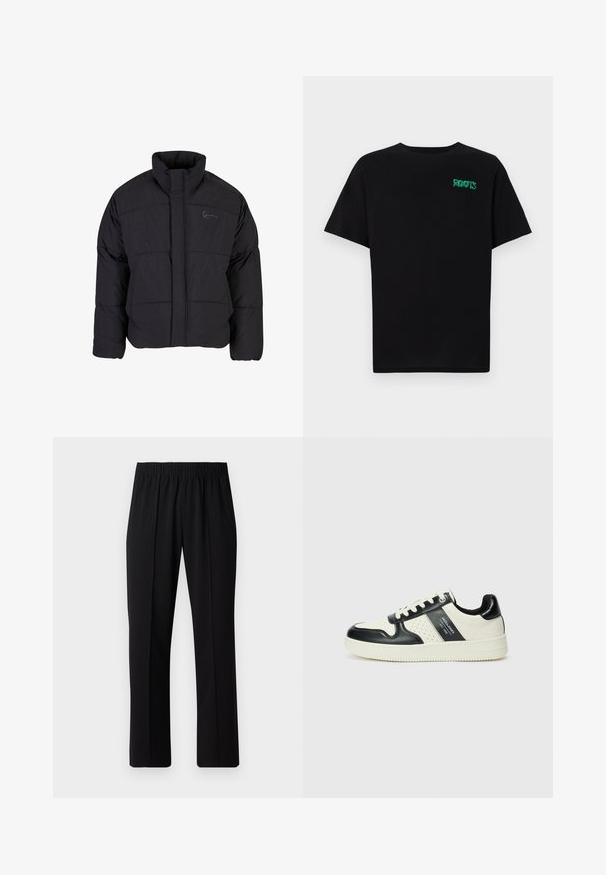 Black puffer jacket with a high collar, quilted design, and a front zipper. Features a subtle logo on the chest, made from textured fabric.; Black t-shirt made of cotton with short sleeves. Features a green "ROOTS" logo on the front, round neckline, and standard fit.; Black, elastic-waist trousers with a straight-leg design, featuring a smooth texture and no visible patterns or hardware.; Leather sneakers with a black and cream color scheme, featuring perforated accents, a padded collar, and a textured outsole.