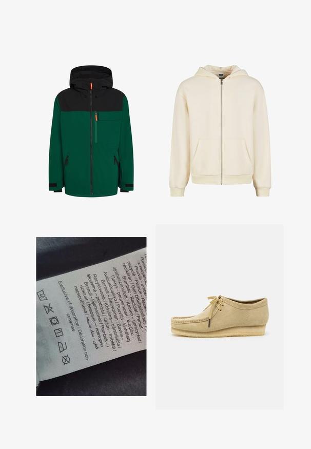 Grønn og svart jakke med hette, med frontglidelås, brystlomme og sidelommer med glidelås; laget av et glatt utendørsstoff.; Kremfarget zip-up hettegenser laget av myk stoff, med foret hette, frontlommer og ribbestrikkede mansjetter og hem som gir en tett passform.; Hvit bomull t-skjorte med korte ermer, rund utringning, avslappet passform, og ingen synlige logoer eller mønstre. Glatt tekstur og minimalistisk design.; Etikett med tekst på flere språk, omsorgssymboler og resirkuleringsikoner, trykt på et mykt stofflignende materiale i lys farge.; Beige semsket sko med snøring, sydd detaljer og gummisåle. Formen er uformell med en liten kilehæl.