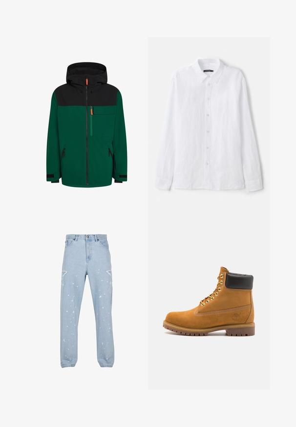 Giacca verde e nera con cappuccio, dotata di zip frontale, tasca sul petto e tasche laterali con zip; realizzata in un tessuto liscio per esterni.; Camicia bianca a maniche lunghe con bottoni, realizzata in tessuto testurizzato. Presenta un colletto classico e una chiusura frontale con bottoni piccoli e rotondi.; Jeans in denim blu chiaro con una vestibilità comoda, caratterizzati da aperture a forma di stella, schizzi di vernice e un classico design a cinque tasche.; Stivale alla caviglia in suede tan con collare imbottito nero, occhielli in metallo dorato, dettagli in cucitura bianca e suola in gomma robusta con battistrada pronunciato.