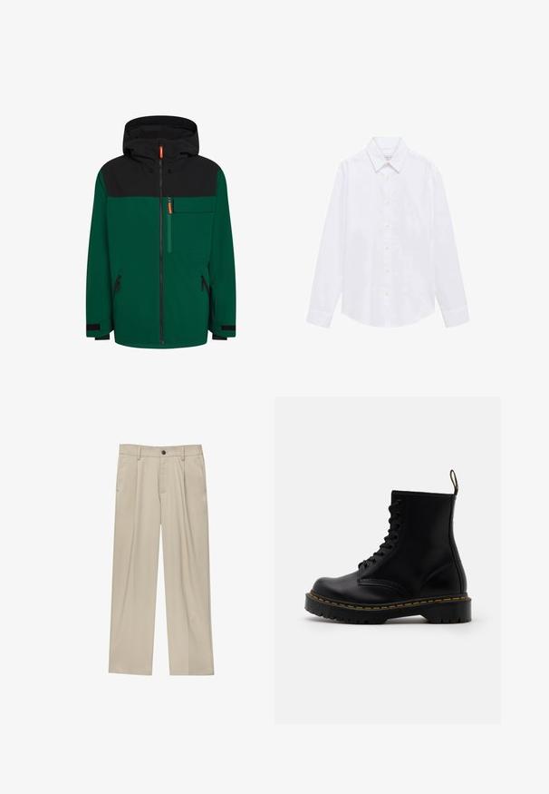 Grüne und schwarze Jacke mit Kapuze, ausgestattet mit einem Frontreißverschluss, einer Brusttasche und seitlichen Reißverschlusstaschen; aus einem glatten, strapazierfähigen Material für den Außenbereich.; Weißes Langarmshirt aus Baumwollstoff. Mit spitzem Kragen, Knopfverschluss und einfachen Manschetten. Minimalistisches Design ohne Muster.; Beige Hosen mit geradem Schnitt, ausgestattet mit einem einzelnen schwarzen Knopf, Gürtelschlaufen und Seitentaschen. Glatte Stofftextur und minimalistisches Design.; Schwarze Leder-Ankle-Boots mit schnürbarem Vorderteil, gelben Nähten, runder Zehenpartie und dicker, strukturierter Gummisohle.