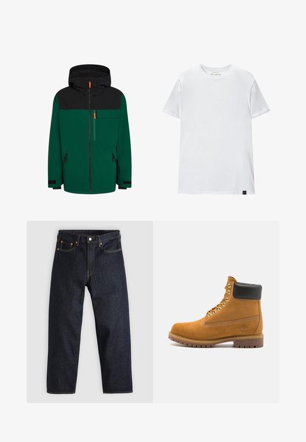 Grøn og sort jakke med hætte, der har en frontlynlås, brystlomme og sidelommer med lynlås; lavet af et glat udendørs stof.; Hvid muskeltilpasset t-shirt lavet af bomuld. Rund hals, korte ærmer, glat tekstur. Lille sort logo-tag nederst. Enkelt design.; Mørkeblå denimjeans med lige pasform, fem lommer, kontrasterende orange syning og knaplukning. Ingen synlige mønstre eller udsmykninger.; Tan nubuck ankelstøvle med sort polstret krave, gyldne metaløjer, hvid syning detaljer og robust gummisål med udtalte slidbaner.