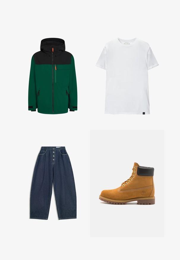 Zelena in črna jakna s kapuco, z sprednjim zadrgo, žepom na prsih in stranskima žepoma z zadrgo; izdelana je iz gladkega, zunanjega blaga.; Bela majica oprijetog kroja izrađena od pamuka. Okrugli izrez, kratki rukavi, glatka tekstura. Mala crna oznaka na rubu. Jednostavan dizajn.; Temno modri široki traper hlače z visokim pasom, petim gumbom in petimi žepi. Opremljene so s stikom na šivih.; Svetlo rjave anklne čizme iz semiša z črnim oblazinjenim ovratnikom, zlatimi kovinskimi očesci, belimi šivi in robustnim gumijastim podplatom s izrazitimi tredi.