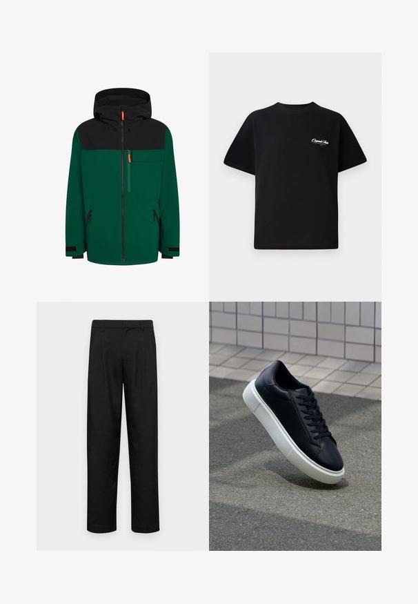 Zielono-czarna kurtka z kapturem, z przodu na zamek, kieszenią na klatce piersiowej i bocznymi kieszeniami na zamek; wykonana z gładkiego, materiału przystosowanego do użytku na zewnątrz.; Czarny bawełniany t-shirt z okrągłym dekoltem, krótkimi rękawami i małym białym logo na lewej piersi. Prosty design, klasyczny krój.; Czarne spodnie wykonane z gładkiego materiału, z prostą nogawką, dwoma fałdami z przodu oraz standardowym paskiem z wypustkami na pasek.; Czarne skórzane sneakersy z okrągłym noskiem i białą gumową podeszwą. Posiadają płaskie sznurowadła i minimalne przeszycia na cholewce. Teksturowana podeszwa zapewnia przyczepność.