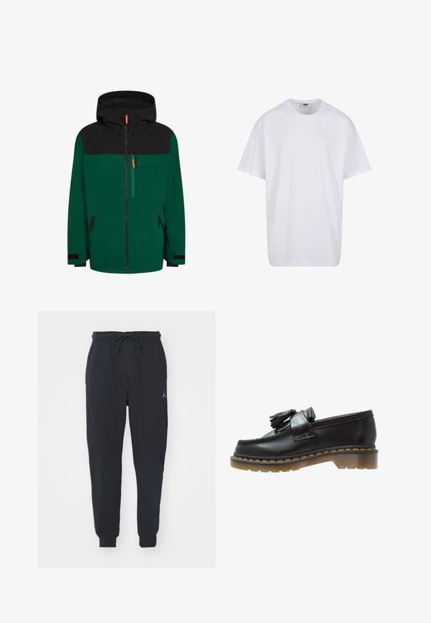 Grüne und schwarze Jacke mit Kapuze, ausgestattet mit einem Frontreißverschluss, einer Brusttasche und seitlichen Reißverschlusstaschen; aus einem glatten, strapazierfähigen Material für den Außenbereich.; Weiße Baumwoll-T-Shirt mit kurzen Ärmeln, rundem Ausschnitt, lockerer Passform und ohne sichtbare Logos oder Muster. Glatte Textur und minimalistisches Design.; Schwarze Jogginghosen aus weichem Stoff, mit einem elastischen Taillenbund und Kordelzug, gerippten Bündchen und einem kleinen Logo am linken Oberschenkel.; Schwarze Lederloafer mit strukturiertem Finish, ausgestattet mit einer dekorativen Quaste und kontrastierenden gelben Nähten, auf einer klobigen, transparenten Sohle.