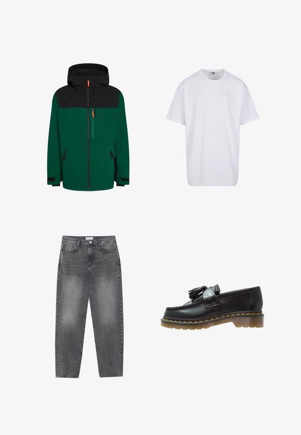 Groene en zwarte jas met capuchon, voorzien van een ritssluiting aan de voorkant, een borstzak en zijzakken met rits; gemaakt van een gladde, outdoor stof.; Witte katoenen t-shirt met korte mouwen, ronde hals, relaxte pasvorm en zonder zichtbare logo's of patronen. Gladde textuur en minimalistisch ontwerp.; Hoge taille, losvallende jeans van vervaagd zwart denim. Beschikt over vijf zakken, riemlussen en een schone, rechte broekspijp ontwerp.; Zwarte leren instappers met een gestructureerde afwerking, voorzien van een decoratieve kwast en contrasterende gele stiksels, op een chunky, transparante zool.