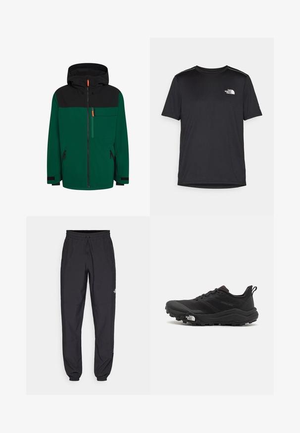 Cabaia verde e preta com capuz, apresentando um fecho frontal, bolso no peito e bolsos laterais com zíper; feito de um tecido liso, apropriado para atividades ao ar livre.; T-shirt preto de manga curta feito de um tecido leve. Apresenta um pequeno logo branco ao lado esquerdo do peito e detalhes subtis nos ombros.; Calças atléticas pretas feitas de tecido leve, com um cós ajustável por cordão, bolsos laterais e punhos afunilados nos tornozelos.; Sapatilha de trail running preta com um upper texturizado, sola de borracha e biqueira reforçada. Possui um colarinho acolchoado e uma alça para facilitar o calçar.