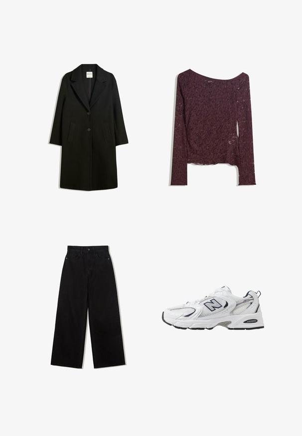 Svart kappa med snedkrage, två framfickor och knappstängning. Tillverkad av mjukt tyg, med rak silhuett och knälång design.; Spetsblus med långa ärmar i djup bordeaux, med en off-shoulder design, blommönster och en något genomskinlig textur med en rak nederkant.; Svarta vida jeans av denim med hög midja, med en femficksdesign och en enkel knappstängning framtill.; Vit sportskor med överdel i mesh, marinblå accenter och dämpad sula. Har "N"-logotyp, snörning och texturerad detalj på sidan.