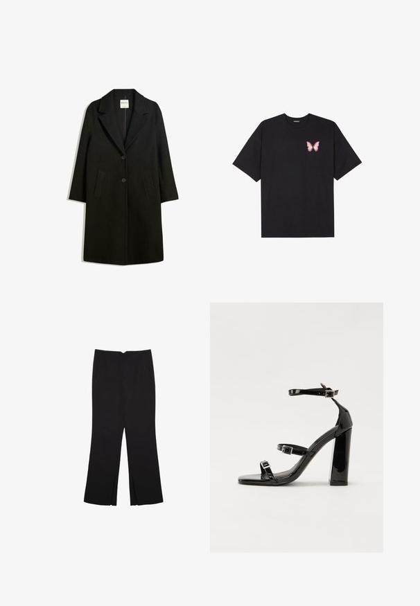 Crni kaput s otvorenim ovratnikom, dva prednja džepa i kopčanje na dugme. Napravljen od mekog materijala, s ravnim krojem i dizajnom do koljena.; Crna pamučna majica s kratkim rukavima, s malim grafičkim prikazom ružičaste vjetricaste s desne strane na prsima. Dizajn s okruglim izrezom i opuštenim krojem.; Crne hlače ravnog kroja, s prednjim džepovima i bočnim prorezima na rubu. Izrađene od mekog i glatkog materijala. Pogodne za razne prigode.; Crne lakirane sandale na visoku petu s dva remena s kopčama, kvadratnim vrhom i masivnom blok petom, s glatkom, sjajnom teksturom.