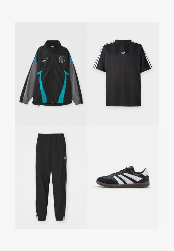 Fekete dzseki türkiz és szürke kiegészítőkkel, magas gallérral, cipzáros elöl, és logóval a mellrészen. Simább textúra, sportos dizájn.; Fekete, rövid ujjú póló fehér háromcsíkos díszítéssel a vállakon és egy kis fehér logóval a mellkasán. Simább anyag textúra.; Fekete sportnadrág rugalmas derékrésszel és pulóverujjal, fehér oldalsávokkal és egy kis fehér Adidas logóval a bal csípőn.; Fekete-fehér sportcipő velúr és szintetikus felsőrésszel, három különálló fehér csíkkal, gumitalppal és arany "Predator" felirattal.