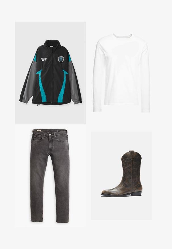 Melna jaka ar tirkīza un pelēkiem akcentiem, ar augstu apkakli, rāvējslēdzēja priekšpusi un logotipa uzšuvumu krūšu vietā. Gluda tekstūra, sportisks dizains.; Garā piedurkņu balta T-krekls, kas izgatavots no mīksta kokvilnas. Apaļa kakla izgriezuma forma ar taisnām apakšmalām un bez redzamām rakstiem vai grafikas.; Pelēki denima džinsi ar taisnu griezumu, piecu kabatu dizainu un pogu aizdari. Satur vieglu izbalēšanu un tonālu šuvju izstrādājumu visā virsmā.; Brūnas ādas kovboju zābaki ar garu kāju, norādītu purngalu, sarežģītām šuvju rakstībām un mazu papēdi. Virsma ar faktūru visā zābakā.