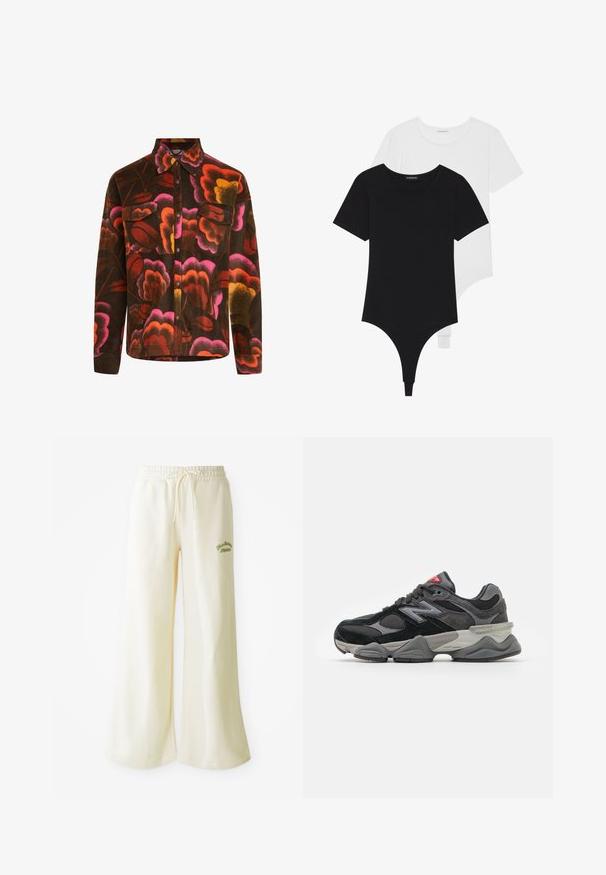 Brązowa polarowa koszula z intensywnym kwiecistym wzorem w kolorze różowym, pomarańczowym i żółtym. Posiada kołnierz, dwie kieszenie na piersi oraz zapięcia na guziki.; Czarno-białe bodysuits z krótkim rękawem, okrągłymi dekoltami i majtkami typu thong, wykonane z gładkiego, elastycznego materiału.; Kremowe długie spodnie dresowe z elastycznym pasem i regulowanym sznurkiem. Haftowany zielony napis "Athletic" z przodu. Miękka tkanina.; Czarno-szare sneakersy z połączeniem materiałów zamszowych i siateczkowych, gruba podeszwa, wyraźne logo oraz czerwony akcent na języku.