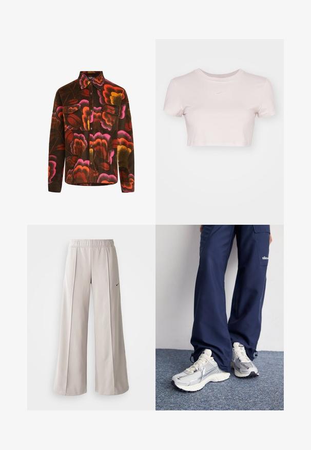 Rudas fliso marškinys su ryškiu gėlių raštu, kuriame yra rožinės, oranžinės ir geltonos spalvos. Turi apykaklę, dvi krūtinės kišenes ir mygtukų užsegimą.; Šviesiai rožinė trumpa marškinė, pagaminta iš minkštos medžiagos. Turi apvalų kaklą ir trumpas rankoves, su mažu baltu Nike logotipu ant krūtinės.; Šviesiai pilki plačių kojų kelnės, pagamintos iš lygaus audinio. Turi elastingą juosmenį ir juodą Nike logotipą kairėje pusėje.; Nike sportiniai batai su sidabro spalvos tinklu, baltais akcentais ir tekstūruotais pado, derinami su laisvais tamsiai mėlynais kelnais.