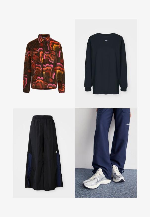 Brun fleeceskjorte med livlig blomstermønster i rosa, oransje og gult. Har krage, to brystlommer og knappeåpning.; Svart langermet T-skjorte laget av bomull med rund hals. Har en hvit Nike-logo på brystet. Myk tekstur, enkelt design.; Svarte vide bukser laget av lett stoff, med et marineblått sidestykke og elastisk midjebånd. Liten hvit logo nederst.; Nike treningssko med sølvfarget mesh-overdel, hvite detaljer og teksturerte såler, kombinert med løse mørkeblå bukser.