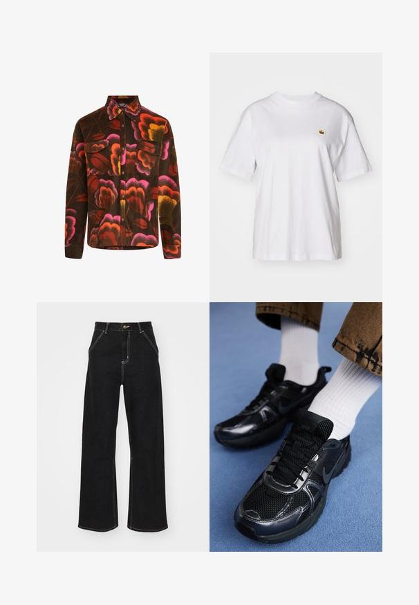 Brązowa polarowa koszula z intensywnym kwiecistym wzorem w kolorze różowym, pomarańczowym i żółtym. Posiada kołnierz, dwie kieszenie na piersi oraz zapięcia na guziki.; Biała bawełniana koszulka z luźnym krojem, krótkimi rękawami i małym haftowanym logo po lewej stronie klatki piersiowej.; Czarne dżinsy o szerokich nogawkach, wykonane z denimu, z kontrastowym białym szwem i zapięciem na guzik z przodu, posiadające dwie ukośne kieszenie z przodu.; Czarne buty sportowe Nike mają siateczkową cholewkę z błyszczącymi akcentami, czarne sznurówki i teksturowaną podeszwę. Połączone z białymi, prążkowanymi skarpetami.