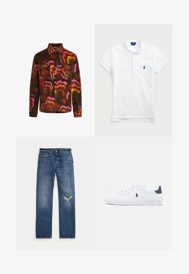 Brun fleece skjorta med livligt blommönster i rosa, orange och gult. Har en krage, två bröstfickor och knapplås.; Vit bomullspolo med klassisk krage, korta ärmar och en marinblå broderad logotyp på vänster bröst. Femknapps-knäppning.; Blå denimjeans med medelhög midja, fem fickor och en trasig reva på högra knäet.; Vita lädersneakers med en slät yta, marinblå detaljer och en liten logotyp på sidan. Har platta snören och mönstrad gummisula.
