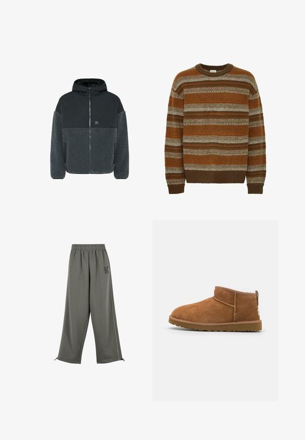 Fleece-voering jas met een zwarte, gladde bovenkant en een grijze, gestructureerde onderkant. Voorzien van een capuchon, ritssluiting en zijzakken.; Solid SDMAXWELL - Trui - slate black; Karl Kani KK OS SIDESTRIPE - Broek - grey; Tan suède enkellaars met een ronde neus, subtiele stiksels en een gestructureerde rubberen zool. Korte hoogte zonder veters.