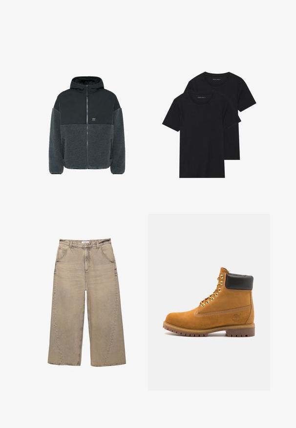 Bunda s fleecovým podšívkou, s čiernou hladkou hornou časťou a šedou textúrovanou spodnou časťou. Obsahuje kapucňu, zips a bočné vrecká.; Dvoje čiernych bavlnených tričiek s krátkymi rukávmi, okrúhlym výstrihom a hladkou textúrou, vystavených naskladaných spolu.; PULL&BEAR MEGA BAGGY - Džínsy baggy - light grey; Tyrkysové semišové členkové topánky s čiernym polstrovaným golierom, zlatými kovovými očkami, bielym prešívaním a robustnou gumovou podrážkou s výraznými drážkami.