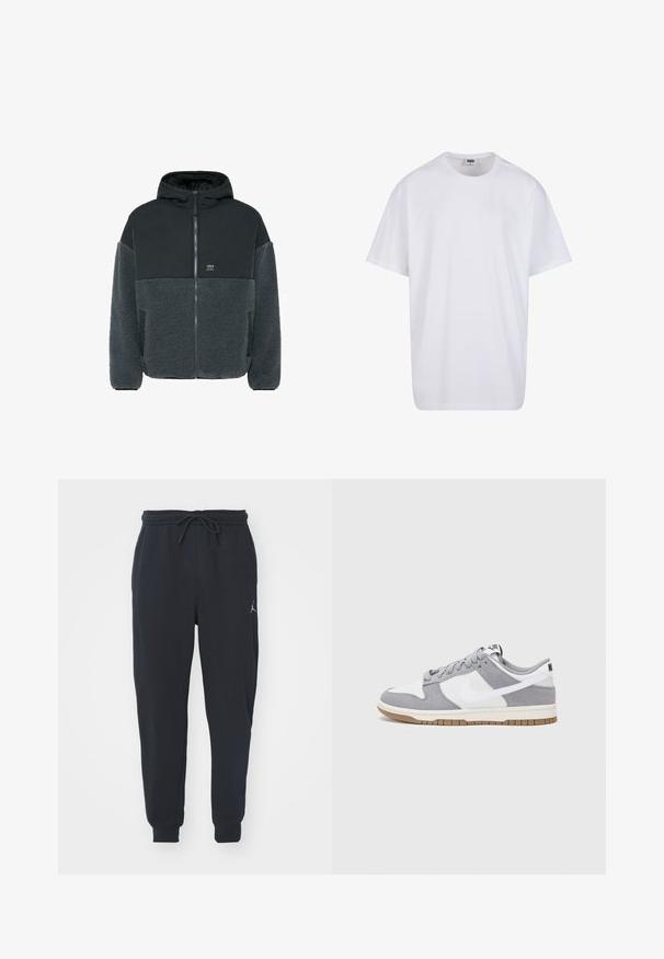 Giacca foderata in pile con una parte superiore liscia nera e una sezione inferiore grigia e testurizzata. Dotata di cappuccio, chiusura con zip e tasche laterali.; Maglietta bianca in cotone con maniche corte, scollatura rotonda, vestibilità comoda e senza loghi o motivi visibili. Texture liscia e design minimale.; Pantaloni jogger neri realizzati in tessuto morbido, dotati di una vita elastica con coulisse, polsini a costine e un piccolo logo sulla coscia sinistra.; Sneaker grigia e bianca con tomaia in suede e pelle, punta arrotondata, lacci piatti e soletta in gomma con un accento color caramello.