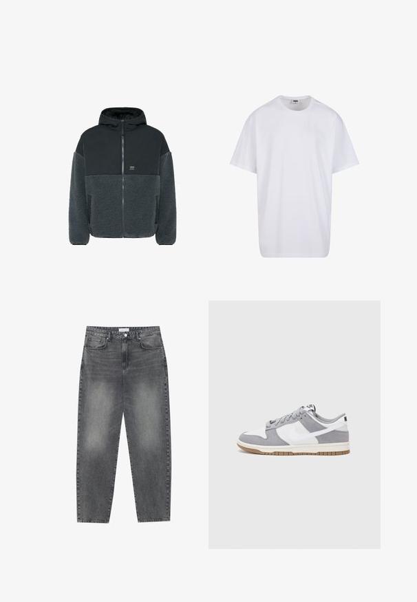 Jachetă căptușită cu flanel, cu o porțiune superioară netedă, de culoare neagră, și o secțiune inferioară texturată, de culoare gri. Dispune de glugă, închidere cu fermoar și buzunare laterale.; Tricou alb din bumbac cu mâneci scurte, decolteu rotund, croială lejeră și fără logo-uri sau modele vizibile. Textură netedă și design minimalist.; Jeans cu talie înaltă, lejere, din denim negru estompat. Caracteristici: cinci buzunare, bucle pentru curea și un design curat cu picior drept.; Sneaker gri și alb, cu un superior din suede și piele, vârf rotund, șireturi plate și o talpă din cauciuc ce prezintă un accent de culoare gum.