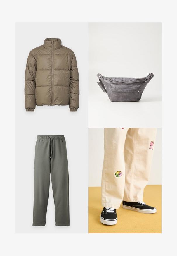 Kurtka puchowa w oliwkowej zieleni, z wysokim kołnierzem, przednim zamkiem błyskawicznym i elastycznymi mankietami. Materiał jest gładki z przeszytymi panelami.; Szary sweter z połową zamka, z ściągaczami na mankietach i prostym dołem. Wykonany z miękkiego materiału o gładkiej teksturze.; Szare dresy wykonane z miękkiego materiału, z elastycznym pasem i sznurkiem; mają prosty krój nogawek i minimalistyczne detale szycia.; Beżowe bawełniane spodnie z zabawnymi haftowanymi wzorami, w tym różową postacią i kolorowym blokiem, w połączeniu z czarnymi sznurowanymi sneakersami.; Szara zamszowa saszetka biodrowa o zaokrąglonym kształcie, z dwoma zasuwanymi komorami i regulowanym paskiem. Wyróżnia się metalowymi akcentami.