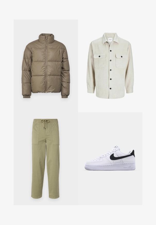 Oliivroheline puhvjakkaar, millel on kõrge krae, esi-visa ja elastsed soonikud. Kangas on sile ja õmmeldud paneelidega.; Beež flanellist särk, millel on krae, kahe rinnatasku ja mustade nööpidega, pikaaeline varrukad nööpidega cuffs.; Kerged oliivrohelised püksid, mis on valmistatud puuvilla segakangast, elastse vöökoha ja nööriga, ning kahel suurel küljeosal.; Valge nahast toss musta tekstuuriga Swooshiga, lamedate nööridega ja kummist tallaga, millel on sooneline muster. "AIR" on reljeefne kandadel.