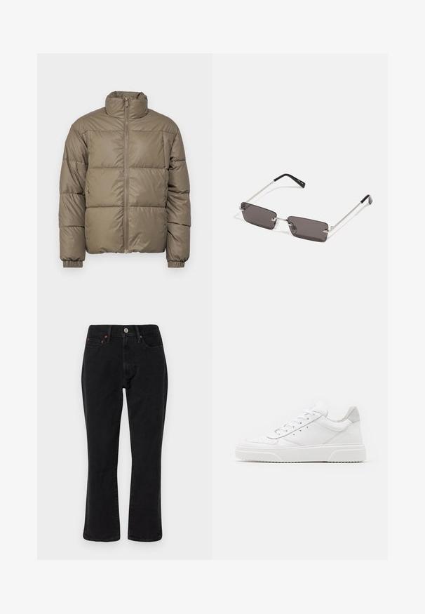 Oliivroheline puhvjakkaar, millel on kõrge krae, esi-visa ja elastsed soonikud. Kangas on sile ja õmmeldud paneelidega.; Must musträäp ja hallikirju jope kraega, nööpidega ees ja kahe rinna taskuga. Valmistatud tekstuursest kangast.; Mustad mustrid teksased, klassikalise sirge jalgade lõikega, viie taskuga stiilis ning metallist detailidega, millel on vasest aktsendid. Sile tekstuur ja keskmine tõus.; Valged nahast spordijalatsid siledast nahast viimistlusega, ümarate varvastega, lamekestega ja tekstuuriga tallaga. Hall suede aktsent kanna juures.; Kübarid, millel on ristkülikukujulised, tumedhalli värvi läätsed, hõbedased metallraamid ja mustad plastotsad käeotsades. Kerge disain koos nina padjadega.