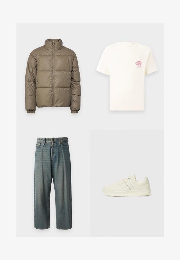 Kaput za napuhavanje u maslinasto zelenoj boji, s visokim ovratnikom, prednjim zatvaračem i elastičnim manžetama. Tkanina je glatka s ušivenim panelima.; Bijela kratka majica s kratkim rukavima s crvenim natpisom "Studio Originals Edition" na lijevoj strani grudi, prikazana na neutralnoj sivoj pozadini.; Svijetloplave traperice s širokim krojem, srednjim pojasom i ravnim nogavicama. Ima pet džepova, petlje za remen i kopčanje na gumb.; Kremasto bijele tenisice s perforiranim detaljima, vezicama i logotipom s bočne strane, prikazane na jednostavnoj bijeloj pozadini.