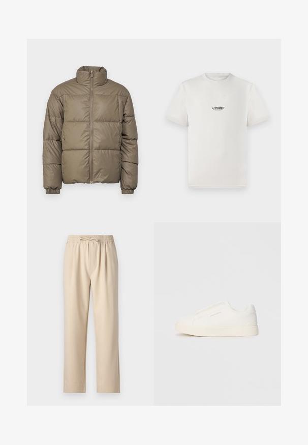 Puffer jacket in olive green, featuring a high collar, front zipper, and elastic cuffs. The fabric is smooth with stitched panels.; White cotton t-shirt with short sleeves, featuring a black "JJ Studios" logo on the chest. Crew neck and standard fit design.; Beige trousers featuring an elastic waistband with drawstring, straight leg design, and soft, smooth fabric texture.; White slip-on sneakers with a textured surface, a thick sole, and minimalistic design. Features brand logo on the side.