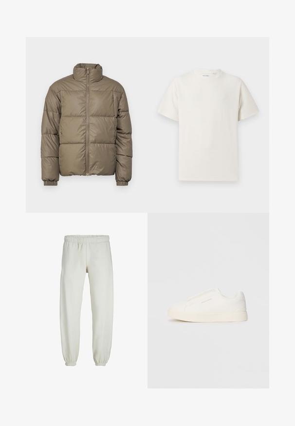 Pufferjack in olijfgroen, met een hoge kraag, een rits aan de voorkant en elastische manchetten. De stof is glad met gestikte panelen.; Witte korte mouwen T-shirt met ribbelstructuur. Ronde hals, ontspannen pasvorm, geen zichtbare patronen of accenten. Eenvoudig en veelzijdig ontwerp.; Witte sweatpants gemaakt van zachte stof, met een elastische tailleband en boorden, een gladde textuur en een losvallend ontwerp.; Witte instap sneakers met een gestructureerd oppervlak, een dikke zool en een minimalistisch ontwerp. Bevat het merklogo aan de zijkant.