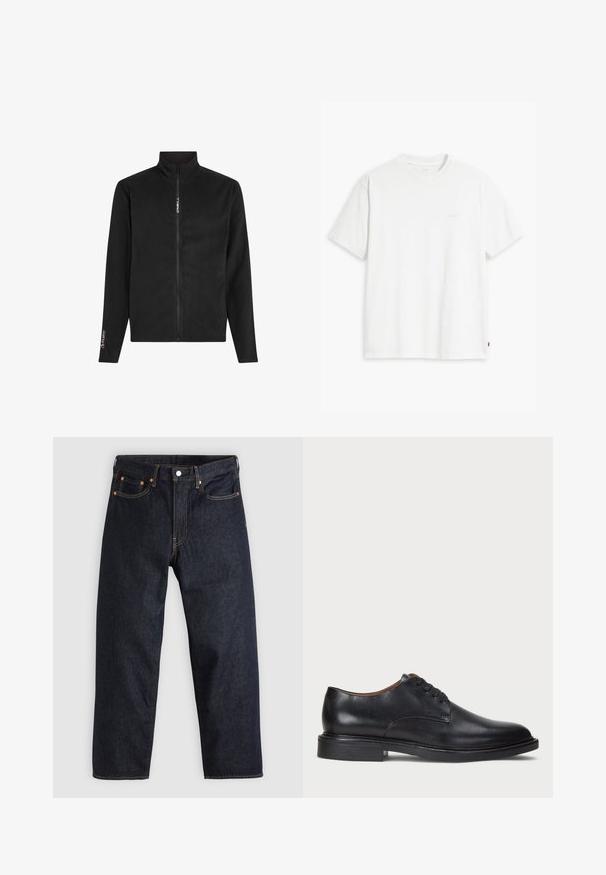 Sort fleecejakke med høj krave, fuld frontlynlås og lange ærmer. Har et logo på brystet og ærmet. Glat tekstur.; Hvid t-shirt i bomuld med korte ærmer, rund halsudskæring og en diskret "Levi's"-logo trykt i lyse farver på forsiden.; Mørkeblå denimjeans med lige pasform, fem lommer, kontrasterende orange syning og knaplukning. Ingen synlige mønstre eller udsmykninger.; Sorte læder dress sko med rund tå, snørelukning og en lav stablet hæl. Glat tekstur med minimale syningsdetaljer.