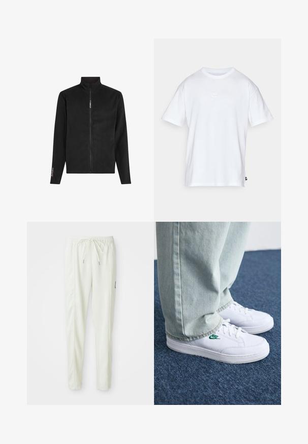 Μαύρο φλις μπουφάν με ψηλό γιακά, πλήρη φερμουάρ μπροστά και μακριά μανίκια. Διαθέτει λογότυπο στο στήθος και στο μανίκι. Λείο υλικό.; Λευκό βαμβακερό μπλουζάκι με κοντά μανίκια και στρογγυλή λαιμόκοψη. Διαθέτει ένα μικρό, διακριτικό λογότυπο Nike στο στήθος και μια ετικέτα στο πλάι.; Λευκά εφαρμοστά jogger παντελόνια με ελαστική μέση και κορδόνι, που διαθέτουν πλαινά ραφάκια και μία μικρή μαύρη πατίνα στο δεξί πόδι.; Λευκά δερμάτινα sneakers με πράσινο λογότυπο Nike, στρογγυλή μύτη, επίπεδη σόλα, συνδυασμένα με ανοιχτό μπλε τζην παντελόνι, τοποθετημένα σε μπλε χαλί.