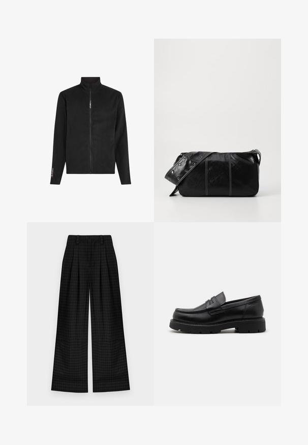 Musta fleece-takki, jossa on korkea kaulus, täysipitkä vetoketju ja pitkät hihat. Rinnassa ja hihassa on logo. Tämä takki on sileä tekstuuriltaan.; Musta puuvillapaita, jossa on pyöreä kaula-aukko, lyhyet hihat ja tummemmassa sävyssä oleva teksturoitu soikea logo rinnassa. Punainen tuotemerkkilappu kaula-aukossa.; Mustat ruudulliset leveät housut, joissa on laskokset, sileä rakenne ja klassinen muotoilu. Kevyt kangas mukavuutta varten.; Musta nahkakengät, joissa on pyöreä kärki, teksturoidut yksityiskohdat etuosassa ja paksu kumipohja, jossa on uria pitoa varten.; Mustakulmainen nahkainen olkalaukku, jossa on vetoketjukiinnitys, teksturoitu pinta, valkoiset ompeleet ja hihna, jossa on hopeiset niitit.