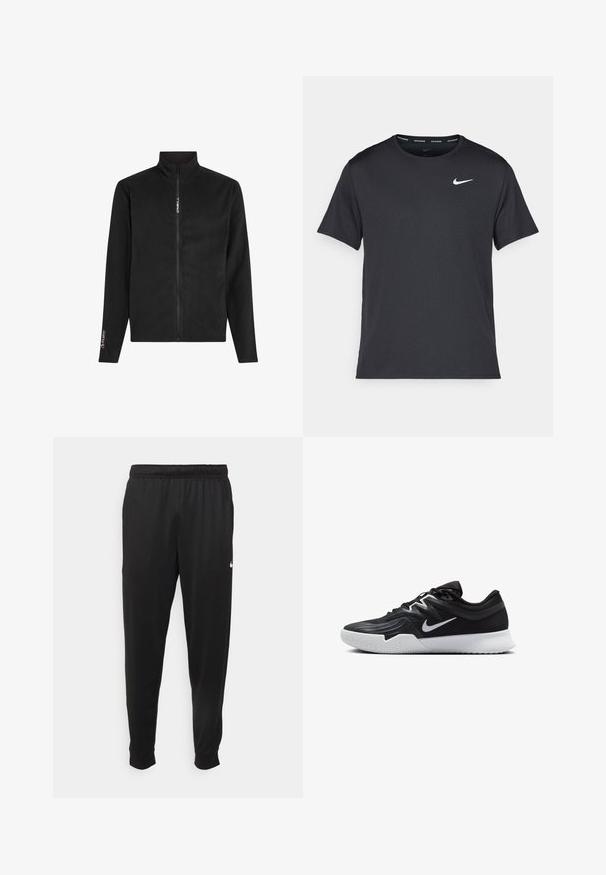 Veste en fleece noir avec un col montant, fermeture éclair sur le devant et manches longues. Présente un logo sur la poitrine et la manche. Texture lisse.; T-shirt de course noir Nike en matériau léger et respirant, avec des manches courtes et un petit logo blanc sur la poitrine.; Pantalon de sport noir en tissu lisse, avec une taille élastique, des jambes fuselées et un petit logo blanc sur le côté gauche.; Chaussure de sport noire avec une tige texturée, un swoosh blanc de Nike et une semelle extérieure en caoutchouc blanc. Elle présente un design à lacets et une forme dynamique.