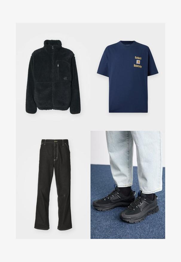 Črna flis jakna z visokim ovratnikom, polnim sprednjim zadrgo in žepom na prsih. Ima teksturirano, mehko površino in logo na žepu.; Navy modra bombažna majica s kratkimi rokavi, z zlatim napisom "Carhartt University" in logotipom na levem prsnem delu.; Črne jeans hlače ohlapenega kroja, ki imajo kontrastno belo šivanje, zapiranje na gumb in ravno nogavico.; Črne športne čevlje z teksturirano tkanino in gumijastimi podplati, ki imajo elastične vezalke ter modre poudarke na peti. Nosi se z lahkimi denim hlačami.