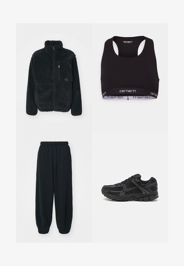 Črna flis jakna z visokim ovratnikom, polnim sprednjim zadrgo in žepom na prsih. Ima teksturirano, mehko površino in logo na žepu.; Črna športna modrček z okroglim izrezom in hrbtnim delom v obliki dirkača. Ima ojačan pas z belo "Carhartt" znamko. Mehka tekstura tkanine.; Črne, elastične hlače za prosti čas z ohlapnim krojem, manšetami na gležnjih, gladko teksturo in brez vidnih vzorcev ali dodatkov.; Črne športne čevlje z mrežasto zgornjico, gumijastim podplatom in teksturiranimi detajli. Oblikovanje vključuje izstopajoč sistem vezalk in oblazinjen podplat.