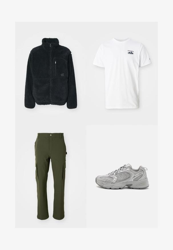 Chaqueta de forro polar negra con cuello alto, cremallera completa en la parte frontal y un bolsillo en el pecho. Presenta una superficie texturizada y suave, además de un logo en el bolsillo.; Camiseta blanca de algodón con mangas cortas. Presenta un logo azul marino en el lado izquierdo del pecho. Diseño de cuello redondo simple, textura suave.; Pantalones cargo de color verde oliva, fabricados con un material ligero. Presentan piernas rectas, múltiples bolsillos laterales y un cierre de botón en la cintura.; Zapatilla deportiva plateada con un diseño elegante, paneles de malla, lengüeta acolchada, parte superior sintética texturizada y suela de goma para tracción.
