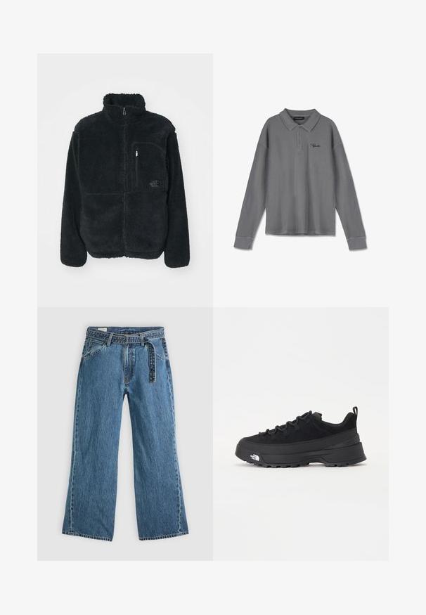 Fekete bolyhos dzseki magas gallérral, teljes elöl cipzárral és mellzsebből. Jellemzője a textúrált, puha felület és a zsebre helyezett logó.; Csíkos szürke anyagú, hosszú ujjú polo felső. Gallérral, három gombos nyitással és diszkrét fekete márkázással rendelkezik a mellkason.; Kék farmer széles szárú nadrág, hozzáépített övvel, elülső zsebekkel és látható varrással, sima világos háttéren.; Fekete kültéri sneaker velúr felsőrésszel, texturált gumitalppal és strapabíró fűzőrendszerrel. Megerősített sarkú és oldalán márkalogóval rendelkezik.
