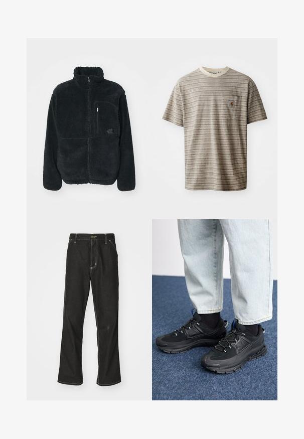 Sort fleecejakke med høj krave, fuld frontlynlås og brystlomme. Har en tekstureret, blød overflade og logo på lommen.; Kortærmet stribet t-shirt i beige og brun, med rund halsudskæring og en brystlomme med et logo-patch. Tekstureret stof.; Sorte denimjeans med løs pasform, der har kontrasterende hvid syning, en knaplukning og et lige ben-design.; Sorte træningssko med tekstureret stof og gummisåler, udstyret med elastiske snørebånd og en blå detalje på hælen. Bæres med lyse denimbukser.