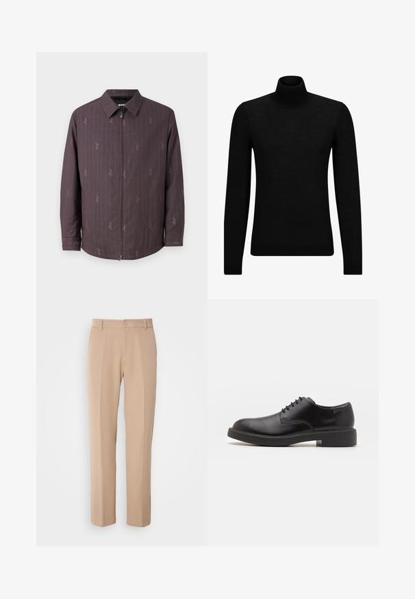 Burgundy takki, jossa on pystysuoria raitoja ja hienovarainen kuvio. Varustettu edessä vetoketjulla ja klassisella kauluksella. Valmistettu teksturoidusta kankaasta.; Mustahuivi neule, joka on valmistettu pehmeästä materiaalista, jossa on pitkät hihat ja tiukka istuvuus. Ribbaus reunassa ja hihansuissa. Yksinkertainen muotoilu.; Beige housut, jotka on valmistettu sileästä kankaasta, suoralahkeiset malli, edessä nappisuljenta ja hienovaraiset taitokset edessä.; Mustat nahkasaappaat, joissa on pyöreä kärki, sileä pinta, minimaalinen ommel ja matala kumipohja. Logo kannassa.