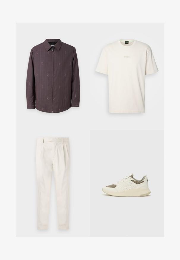Bordo švarkas su vertikaliomis juostelėmis ir subtiliu raštu. Su priekine užtrauktuku ir klasikine apykakle. Pagamintas iš tekstūruoto audinio.; BOSS TEE - Paprasti marškinėliai - open white; Balti, susiūtos kelnes, turinčios pritaikytą siluetą, pasižyminčias lygia tekstūra, dirželio kilpomis ir siaurėjančiomis kojomis. Nėra matomų kišenių ar raštų.; Baltas ir šviesiai bežinis sportinis kedas, su tinklo viršumi, perforuotais detalėmis ir tekstūruotu tarpine su logotipu ant kulno.