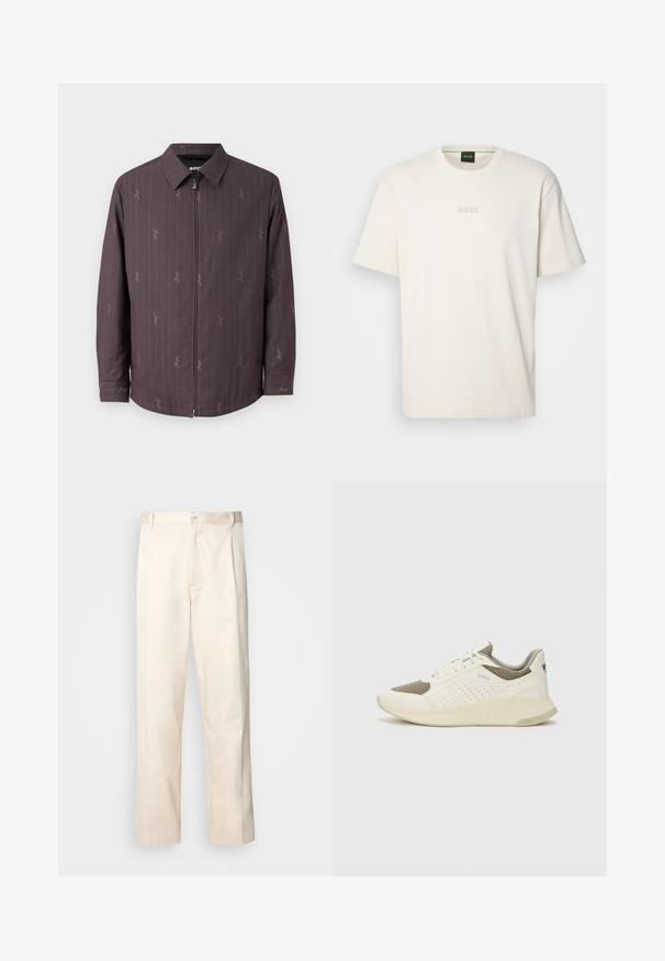 Casaco bordeaux com riscas verticais e um padrão subtil. Apresenta um fecho de correr na frente e um colarinho clássico. Feito de tecido texturizado.; BOSS TEE - T-shirt básica - open white; Calças de algodão bege com corte reto, apresentando um fecho de botão e pregas na frente para um detalhe adicional.; Sapatilha atlética branca e bege claro, com parte superior em malha, detalhes perfurados e uma entressola texturizada com marcação no calcanhar.