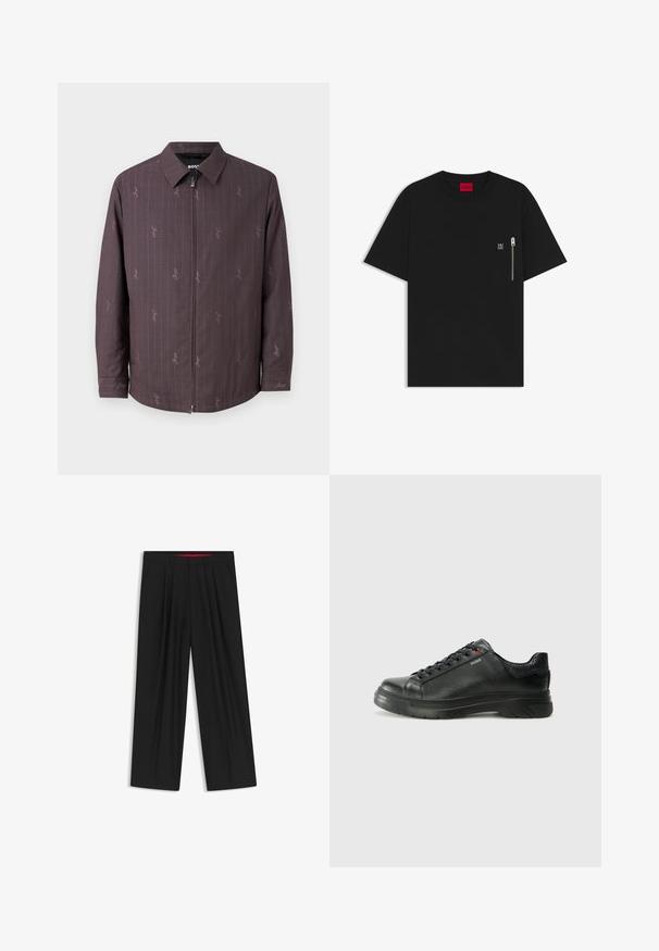 Maronfarvet jakke med lodrette striber og et subtilt mønster. Har en frontal lynlås og en klassisk krave. Fremstillet af tekstureret stof.; Sort T-shirt lavet af bomuld, med rund hals, korte ærmer og en brystlomme med en sølvfarvet lynlåsdetalje. Lille logo på lommen.; Sorte brede bukser med flad front, to sidelommer, plisseret design og en kontrastfarvet rød inderside på linningen.; Sorte lædersneakers med tekstureret overdel, polstret krave og rødt logo-detajle. Har en tyk gummisål med tydeligt mønster.