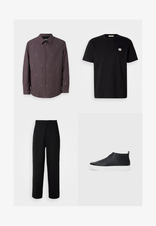 Burgundi színű dzseki függőleges csíkokkal és finom mintázattal. Elől cipzárral és klasszikus gallérral rendelkezik. Texturált anyagból készült.; Fekete pamut póló rövid ujjal, kerek nyakkivágással, és egy kis hímzett logóval a bal oldali mellrészén. Sima tapintású, normál szabású.; Fekete nadrág sima anyagból, egyenes szárú kialakítással, elülső gombzáródással és oldalzsebekkel.; Fekete bőr magas szárú sneakers, sima felülettel, fehér gumi talppal és egyszerű, fűzős dizájnnal. Hátul húzófül található.