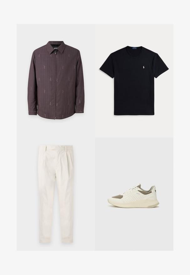 Bordo švarkas su vertikaliomis juostelėmis ir subtiliu raštu. Su priekine užtrauktuku ir klasikine apykakle. Pagamintas iš tekstūruoto audinio.; Juoda medvilninė marškinėliai su apvalia kaklelio linija, trumpomis rankovėmis ir mažu siuvinėtu logotipu kairėje krūtinės pusėje. Lygios tekstūros.; Balti, susiūtos kelnes, turinčios pritaikytą siluetą, pasižyminčias lygia tekstūra, dirželio kilpomis ir siaurėjančiomis kojomis. Nėra matomų kišenių ar raštų.; Baltas ir šviesiai bežinis sportinis kedas, su tinklo viršumi, perforuotais detalėmis ir tekstūruotu tarpine su logotipu ant kulno.