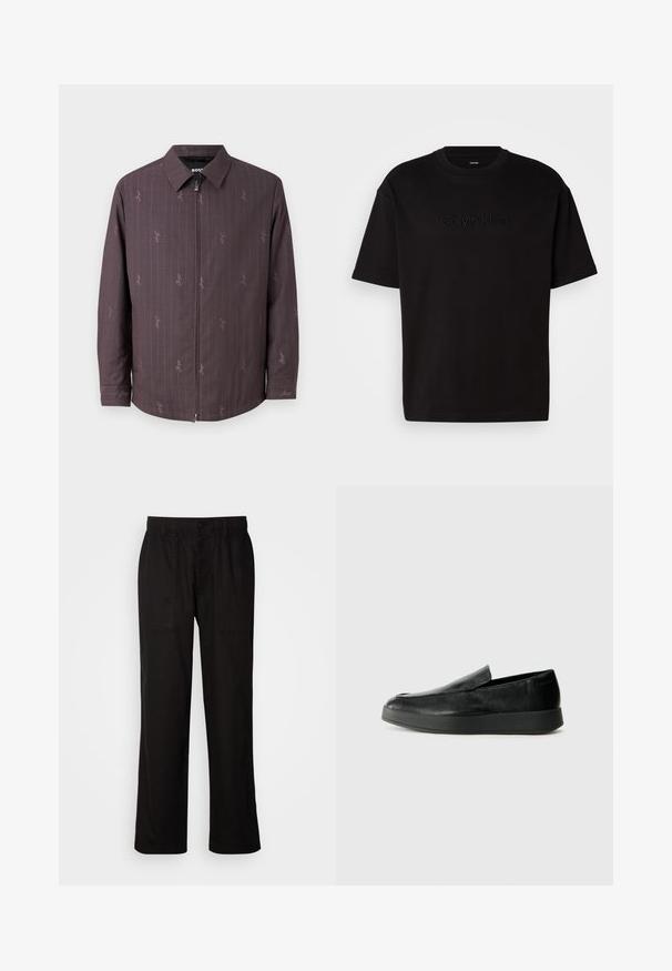 Maronfarvet jakke med lodrette striber og et subtilt mønster. Har en frontal lynlås og en klassisk krave. Fremstillet af tekstureret stof.; Sort bomulds T-shirt med korte ærmer, der har et præget "Calvin Klein" logo på forsiden, rund udskæring og en afslappet pasform.; Sorte bukser med en afslappet pasform, lavet af letvægtsstof. Har elastisk talje, knaplukning og to forlommer.; Calvin Klein HYBRID CUP - Loafers - triple black