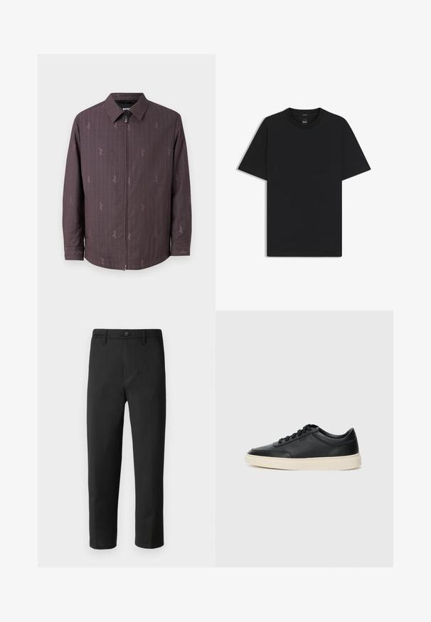 Maroon jacket with vertical stripes and a subtle pattern. Features a front zipper and a classic collar. Made from textured fabric.; Black short-sleeve T-shirt made from a smooth cotton blend, featuring a crew neckline and a minimalistic design with no patterns or accents.; Black trousers with a straight cut, made from smooth fabric. Features a button closure and belt loops. No visible patterns or accents.; Black low-top leather sneaker with black laces and off-white sole shown in side profile on white background.