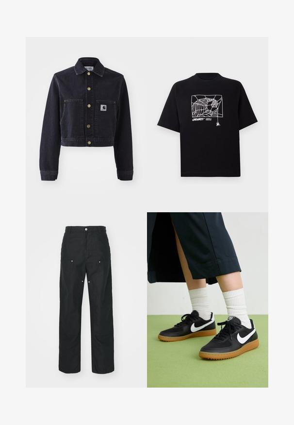 Tamsiai mėlynas trumpas džinsinis švarkelis su smailiu apykaklės, auksinėmis mygtukais, dviem priekinėmis kišenėmis ir prekės ženklo logotipu kairėje kišenėje.; Juodas medvilnės marškinėliai su trumpomis rankovėmis. Priekyje yra balta voratinklio grafika ir logotipas. Paprastas apvalus iškarpymas.; Juodos kelnės su tiesiomis kojomis, pagamintos iš tekstūruotos medžiagos. Papuoštos dekoratyviniais sidabro detalėmis ir unikaliu siūlių apdorojimu.; Juodos odinės ir sintetinių medžiagų sportbačiai su balta Nike swoosh, guminis padas, apvalus pirštas ir juodi raišteliai. Matomos banguotos baltos kojinės.