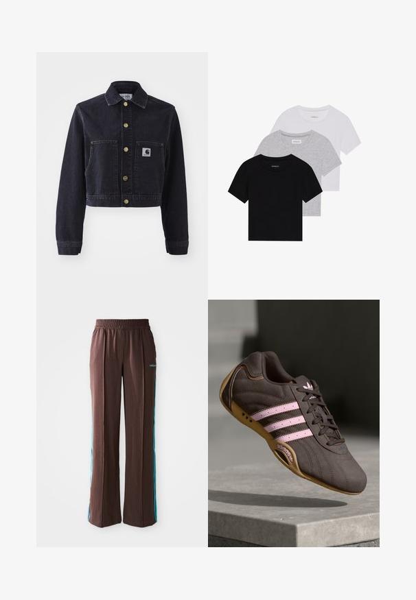Tmavomodrá skrátená džínová bunda s špicatým golierom, zlatými gombíkmi, dvoma prednými vreckami a nášivkou s logom značky na ľavom vrecku.; Sada troch tričiek s krátkym rukávom v čiernej, šedej a bielej farbe. Vyrobené z bavlny, s okrúhlym výstrihom a jednoduchým, jednofarebným dizajnom.; Hnedé športové nohavice s rebrovou textúrou, elastickým pásom a tyrkysovými bočnými pruhmi. Na prednej strane sa nachádza logo adidas.; Hnedé semišové športové topánky s ružovými pruhmi a logom, s textúrovaným vrchom, šnurovaním a gumovou podrážkou.